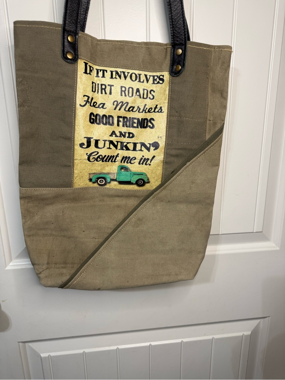 Canvas Hobo Tote in Olive with Black Handles and Green Accent Patch - Picture 3 of 8